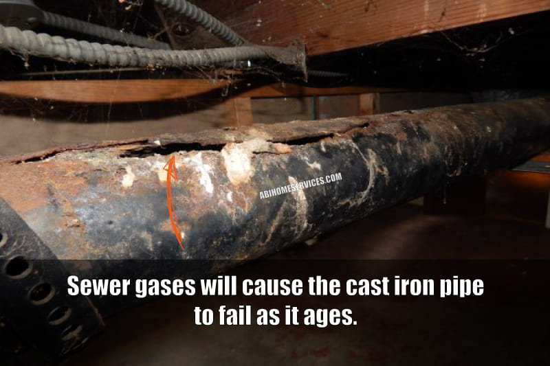 Cracked cast iron sewer pipe